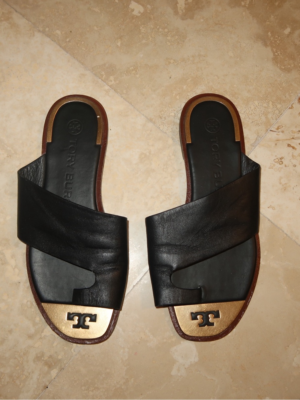 Tory Burch Black Leather Slide Sandals with Gold Logo Plate